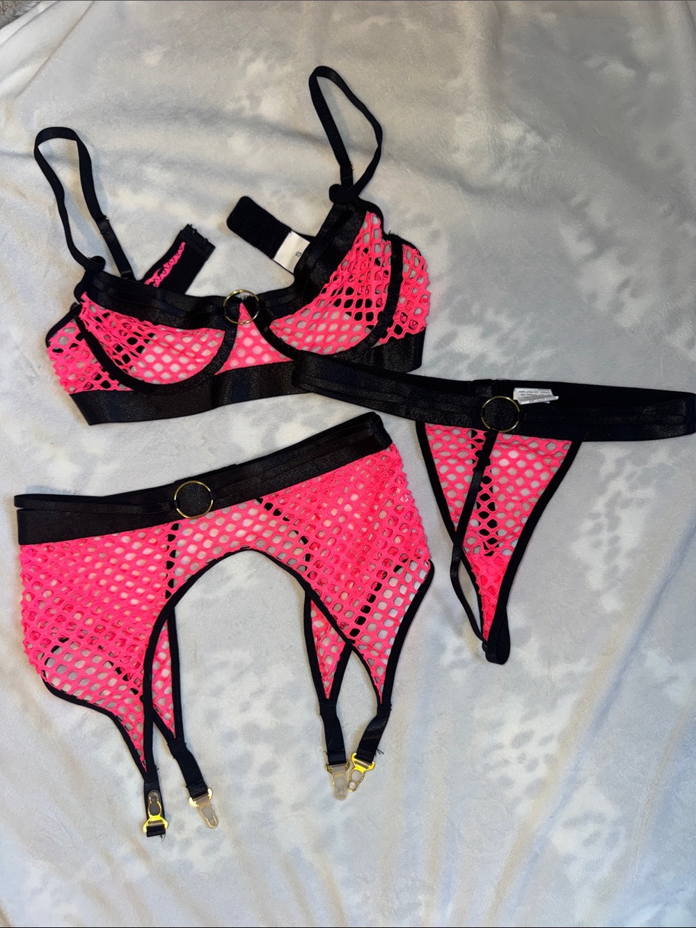 Neon Pink Fishnet Lingerie Set with Black Trim